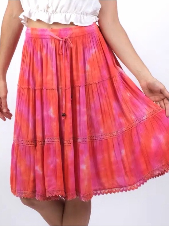 Sacred Threads Dresses & Skirts - Sacred Threads Pink & Orange Tie-Dye Tiered Midi Skirt